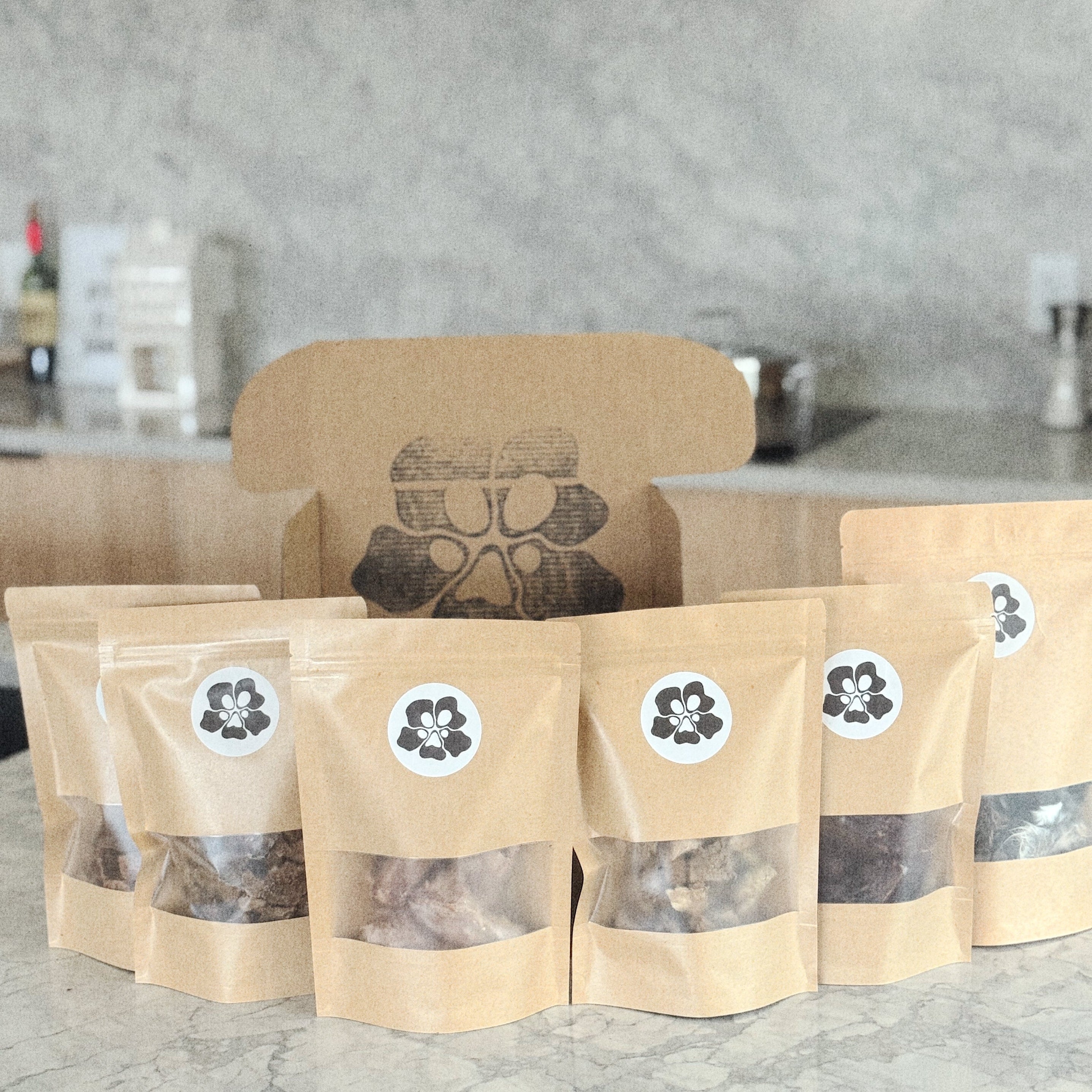 Kraft paper bags with treatosbox designs on a kitchen counter
