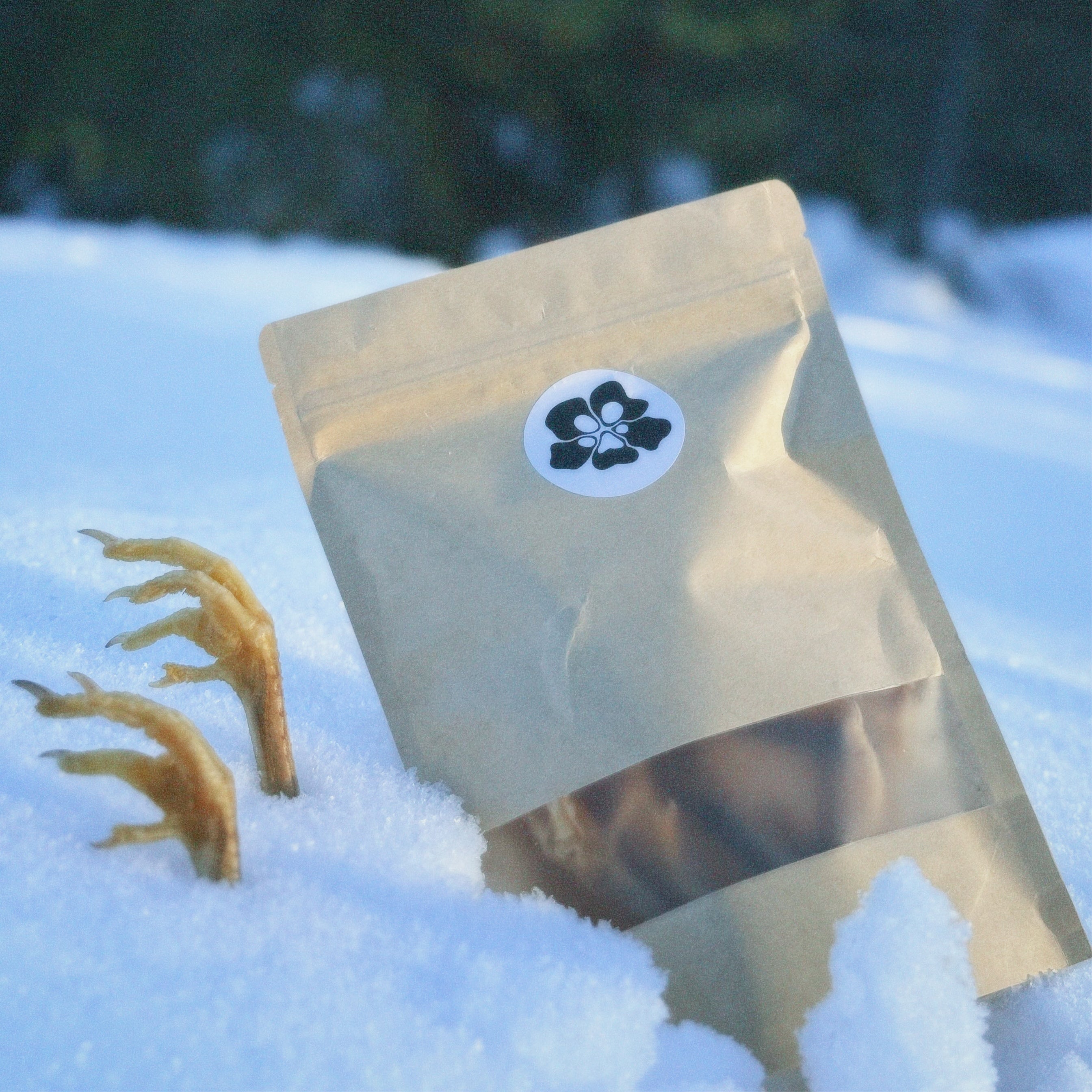 Brown paper bag and chicken feet with a black and white logo on a snowy ground with blurred trees in the background