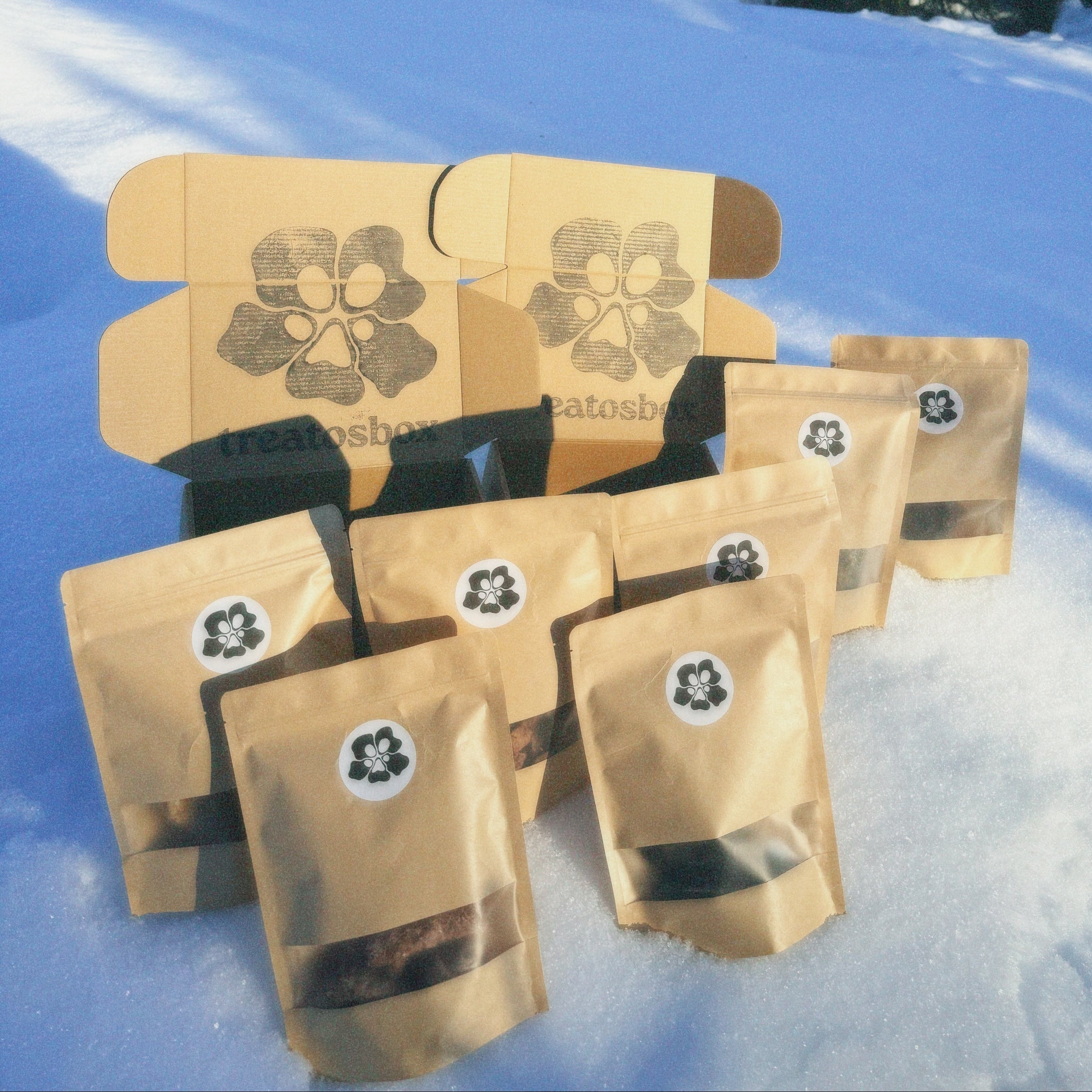 treatos box paper bags with black labels on a snowy ground with trees in the background