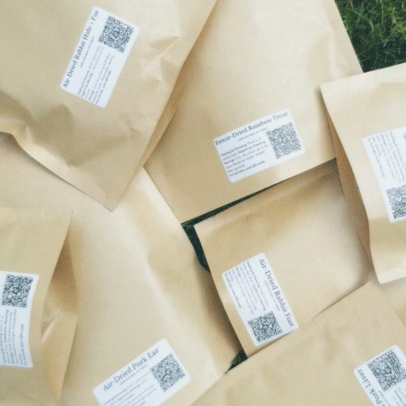 treatosbox treat paper bags packages with labels qr code on a grassy background