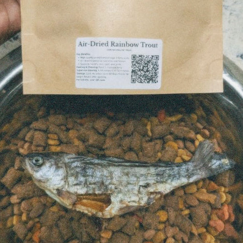 Bag of air-dried rainbow trout over a bowl with dried fish and grains